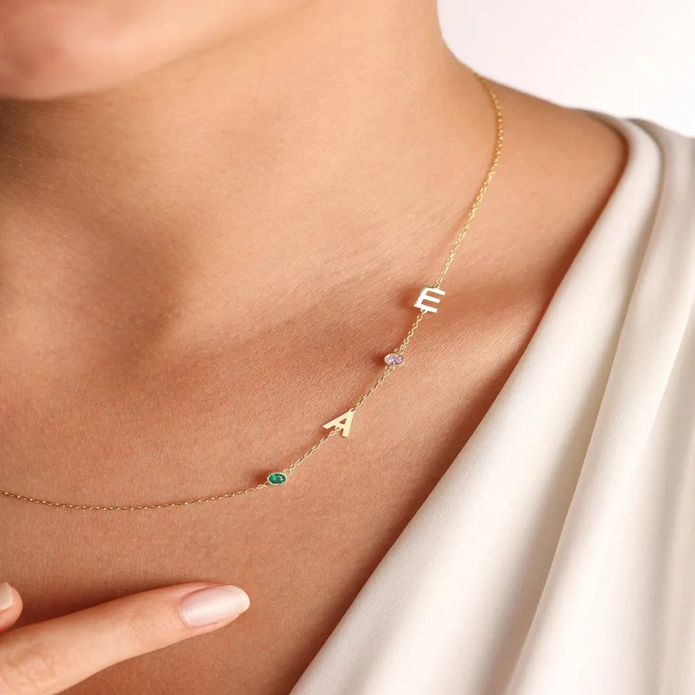 Birthstone Letter Side Necklace